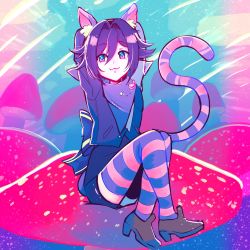Rule 34 | 1boy, :3, animal ears, arms behind head, arms up, blue eyes, bow, brown footwear, cat boy, cat ears, cat tail, cele (310v3), cheshire cat (alice in wonderland), cheshire cat (cosplay), commentary, cosplay, danganronpa (series), danganronpa v3: killing harmony, english commentary, hair between eyes, hair intakes, high heels, highres, kemonomimi mode, male focus, multicolored background, mushroom, oma kokichi, purple hair, scarf, shorts, sitting, smile, solo, striped clothes, striped thighhighs, tail, thighhighs