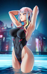 Rule 34 | 1girl, armpits, arms behind head, arms up, artist name, asymmetrical hair, black one-piece swimsuit, blonde hair, blue hair, breasts, building, commentary, competition swimsuit, covered navel, cyberpunk (series), cyberpunk edgerunners, foxyreine, green hair, groin, highleg, highleg swimsuit, highres, large breasts, lips, looking away, lucy (cyberpunk), multicolored hair, night, night sky, one-piece swimsuit, parted lips, partially submerged, pink eyes, pink hair, red hair, short hair, skin tight, sky, solo, swimsuit, thighs, wading, water, wet