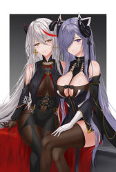 Rule 34 | 2girls, absurdly long hair, absurdres, aegir (azur lane), august von parseval (azur lane), azur lane, bare shoulders, black cape, black dress, black gloves, bodystocking, breast curtains, breasts, brown legwear, cape, cleavage, covered navel, cross, cross earrings, demon horns, dress, earrings, gloves, gold trim, hair over one eye, highres, horns, ichikushi mojibake, iron cross, jewelry, large breasts, long hair, looking at viewer, mechanical horns, microdress, multicolored hair, multiple girls, non-humanoid robot, purple eyes, purple hair, red hair, revealing clothes, robot, robot dragon, shiny skin, simple background, streaked hair, thighhighs, two-tone hair, very long hair, white gloves, white hair, yellow eyes