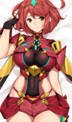 Rule 34 | 1girl, armor, bed sheet, black gloves, breasts, closed eyes, commentary, commission, covered navel, cowboy shot, dakimakura (medium), earrings, english commentary, fingerless gloves, gem, gloves, hair ornament, headpiece, jewelry, large breasts, looking at viewer, micro shorts, nintendo, pyra (xenoblade), red eyes, red hair, red shorts, short hair, short shorts, shorts, solo, swept bangs, tiara, tony guisado, xenoblade chronicles (series), xenoblade chronicles 2