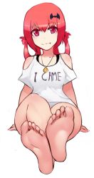 Rule 34 | 10s, 1girl, arm support, arms at sides, bare shoulders, barefoot, bat hair ornament, closed mouth, clothes writing, collarbone, crossed ankles, crossed legs, english text, fang, fang out, feet, foot focus, foreshortening, fuck-me shirt, gabriel dropout, hair between eyes, hair ornament, hair rings, hairclip, jewelry, legs, looking at viewer, meme attire, necklace, pendant, pink eyes, pov, red eyes, red hair, satanichia kurumizawa mcdowell, scathegrapes, shirt, simple background, sitting, smile, soles, solo, toes, white background, white shirt, wide hips