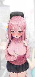 Rule 34 | 1girl, black skirt, blue eyes, blurry, blurry background, blush, bocchi the rock!, breasts, cube hair ornament, gotoh hitori, hair between eyes, hair ornament, highres, jacket, large breasts, long hair, long sleeves, looking to the side, open mouth, pink hair, pink jacket, rouka (akatyann), skirt, solo, tears, thighs, track jacket