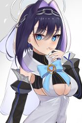 Rule 34 | 1girl, black hair, blue bow, blue bowtie, blue eyes, bow, bow earrings, bowtie, breasts, chain, chain headband, clothing cutout, commentary, detached sleeves, earrings, english commentary, hair intakes, head chain, highres, hololive, hololive english, jewelry, large breasts, looking at viewer, ouro kronii, ouro kronii (1st costume), short hair, solo, umikotatsu, underboob cutout, virtual youtuber