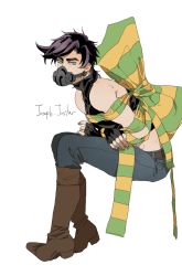 Rule 34 | 1boy, 60 (klioo1), battle tendency, black hair, blue eyes, boots, bound, bow, character name, denim, fingerless gloves, gloves, green scarf, jeans, jojo no kimyou na bouken, joseph joestar, joseph joestar (young), male focus, mask, midriff, pants, scarf, scarf bow, sitting, solo, striped clothes, striped scarf, tied up (nonsexual), yellow scarf