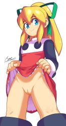 Rule 34 | 1girl, blonde hair, blue eyes, blush stickers, cleft of venus, clothes lift, dress, dress lift, green ribbon, hair ribbon, highres, lifted by self, mega man (classic), mega man (series), naughty face, no panties, ponytail, pussy, ribbon, roll (mega man), shoutaro saito, sidelocks, simple background, skirt, skirt lift, smile, solo, standing, white background