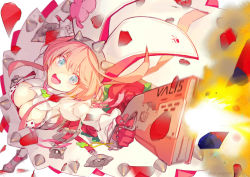 Rule 34 | 1girl, blue eyes, breasts, cleavage, dress, elphelt valentine, flower, from above, gin (oyoyo), gloves, guilty gear, guilty gear xrd, gun, holding, holding gun, holding weapon, large breasts, long sleeves, open mouth, orange hair, petals, red flower, red rose, rose, smile, solo, veil, weapon, white dress