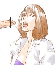 Rule 34 | 1girl, bad id, bad pixiv id, bra, brown eyes, brown hair, bukkake, censored, cum, cum in mouth, cum string, dress shirt, drooling, ejaculation, fellatio, kaburagi yuki, open clothes, open mouth, open shirt, oral, original, penis, purple bra, saliva, shirt, simple background, sketch, tongue, underwear, white background