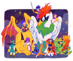 Rule 34 | 1girl, 6+boys, arm up, armor, arms behind head, belt, bird, bird wings, black bodysuit, black footwear, black gloves, black hair, blonde hair, blue gloves, blue hair, blue headwear, blue tunic, blunt bangs, bodysuit, boots, bracelet, brown footwear, brown gloves, cape, circlet, cloak, closed eyes, cloud, cloudy sky, commentary, cousins, dragon, dragon quest, dragon quest i, dragon quest ii, dragon quest iii, dragon quest iv, dragon quest v, dragon quest vi, dragon wings, fake horns, feathered wings, fingerless gloves, full body, gloves, goggles, goggles on headwear, green footwear, green hair, green tunic, hand on another&#039;s head, headpiece, helmet, hero (dq1), hero (dq3), hero (dq4), hero (dq5), hero (dq6), holding, holding staff, holding sword, holding weapon, hood, horned helmet, horns, jewelry, long hair, looking at another, looking down, low ponytail, lying, multiple boys, on back, open mouth, orange bodysuit, pants, prince, prince of lorasia, prince of samantoria, princess, princess of moonbrook, purple cape, purple cloak, purple hair, purple headwear, purple hood, ramia (dq3), red cape, red eyes, red gloves, robe, shirt, short hair, shoulder armor, sitting, size difference, sky, sleeping, sparkle, spiked hair, staff, standing, sword, symbol-only commentary, turban, turtleneck, weapon, white footwear, white pants, white robe, white shirt, white tunic, wide sleeves, wings, yellow shirt, yuza, zzz