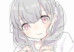 Rule 34 | 1girl, blouse, blush, closed mouth, grey hair, hands up, long hair, looking down, original, pink eyes, shirt, simple background, sketch, solo, suzuki moeko, twintails, upper body, white background, white shirt