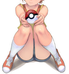 Rule 34 | 1girl, creatures (company), game freak, head out of frame, holding, holding poke ball, kouno (masao), looking at viewer, misty (pokemon), nintendo, orange hair, poke ball, poke ball (basic), pokemon, pokemon (anime), pokemon (classic anime), revision, shirt, short hair, shorts, sitting, sleeveless, sleeveless shirt, smile, solo, suspenders, white background