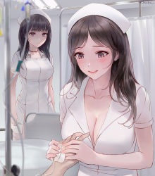 Rule 34 | 2girls, :|, bed, black hair, blush, breasts, brown eyes, brown hair, choker, chowbie, cleavage, closed mouth, collarbone, curtains, hand up, hat, holding, holding syringe, hospital, hospital bed, intravenous drip, large breasts, lips, medium hair, multiple girls, nurse, nurse cap, original, parted bangs, parted lips, syringe, uniform, yandere