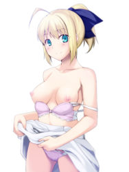 Rule 34 | 1girl, ahoge, artoria pendragon (all), artoria pendragon (fate), blonde hair, blush, bra, bra pull, breasts, clothes lift, clothes pull, dress, fate/stay night, fate (series), looking at viewer, nipples, panties, ponytail, saber (fate), skirt, skirt lift, skylader, smile, solo, underwear