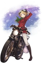 Rule 34 | 1girl, adjusting clothes, adjusting headwear, artist request, black gloves, blonde hair, blue eyes, blue sky, full body, gloves, goggles, goggles on head, green scarf, highres, jane mclean, looking at viewer, motor vehicle, motorcycle, official art, pants, princess principal, princess principal game of mission, sack, scarf, sky, smile, snowflakes, solo, transparent background, white pants