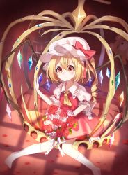 Rule 34 | 1girl, ametama (runarunaruta5656), ascot, blonde hair, bouquet, bow, closed mouth, collar, collared shirt, commentary, crown, crystal, flandre scarlet, flower, frilled collar, frills, hat, hat bow, highres, holding, holding bouquet, kneehighs, looking at viewer, medium hair, medium skirt, mob cap, one side up, oversized object, petals, pink flower, pink rose, puffy short sleeves, puffy sleeves, red bow, red eyes, red flower, red rose, red shirt, red skirt, ribbon, rose, shirt, short sleeves, single horizontal stripe, sitting, skirt, smile, socks, solo, stuffed animal, stuffed toy, teddy bear, touhou, white flower, white hat, white ribbon, white rose, white socks, wings, yellow ascot