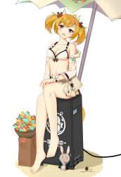 Rule 34 | 1girl, :d, absurdres, animal ears, arknights, bare legs, bare shoulders, barefoot, beach umbrella, bikini, blonde hair, breasts, cable, cleavage, collarbone, commentary request, garcinia2psk, hair bobbles, hair ornament, head tilt, highres, jacket, long sleeves, looking at viewer, medium breasts, navel, off shoulder, open clothes, open jacket, open mouth, penguin logistics logo, short hair, simple background, sitting, smile, solo, sora (arknights), sora (summer flowers) (arknights), stomach, swimsuit, twintails, umbrella, white background, white bikini, white jacket, wolf ears, yellow eyes