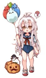 Rule 34 | 1girl, ?, balloon, black hat, blue one-piece swimsuit, blue sailor collar, blush, brown eyes, covered navel, full body, ghost, grey hair, hair between eyes, hat, holding, holding balloon, jack-o&#039;-lantern, long hair, looking at viewer, neckerchief, one-piece swimsuit, open mouth, original, red neckerchief, sailor collar, school uniform, serafuku, shirt, shoes, short sleeves, simple background, solo, spoken question mark, standing, swimsuit, swimsuit under clothes, uwabaki, very long hair, wacho (nanto wachou ken), white background, white footwear, white shirt, witch hat