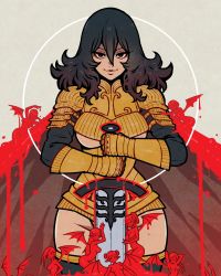 Rule 34 | 6+girls, akairiot, armor, armored gloves, black hair, breasts, closed mouth, commentary, english commentary, grey background, hair between eyes, highres, holding, holding sword, holding weapon, lips, long hair, long sleeves, looking at viewer, medium breasts, multiple girls, original, red eyes, simple background, smile, solo focus, standing, sword, thighhighs, underboob, upper body, wavy hair, weapon