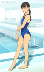 Rule 34 | 1girl, barefoot, black eyes, black hair, breasts, competition swimsuit, highres, looking at viewer, one-piece swimsuit, ponytail, pool, poolside, shinchou ni kansuru kousatsu, silhouette, small breasts, solo, standing, swimsuit, twintails