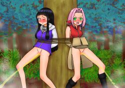 Rule 34 | 2girls, animated, animated gif, arms behind back, black footwear, blunt bangs, blush, bottomless, bound, bound together, bound torso, breasts, closed mouth, embarrassed, feet out of frame, green eyes, groin, haruno sakura, headband, headband around neck, hyuuga hinata, konohagakure symbol, large breasts, legs apart, long hair, looping animation, multiple girls, naruto (series), naruto shippuuden, nature, nokironokii, one eye closed, open mouth, outdoors, peeing, rope, short hair, sidelocks, small breasts, standing, sweat, teeth, tree, upper teeth only, video, white eyes
