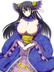 Rule 34 | 1girl, bare shoulders, black hair, breasts, cleavage, dress, female focus, gloves, hair ornament, heart, highres, huge breasts, long hair, sengoku taisen, simple background, solo, wedge (tyrl stride), white background, yellow eyes