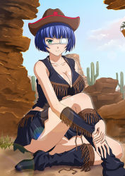 Rule 34 | 1girl, alternate costume, black footwear, black panties, black shirt, black skirt, black sleeves, blue hair, blunt bangs, boots, breasts, brown hat, cleavage, closed mouth, collarbone, cowboy hat, day, detached sleeves, eyepatch, feet out of frame, green eyes, halterneck, hat, ikkitousen, knee boots, large breasts, looking at viewer, miniskirt, mole, mole under mouth, outdoors, panties, pantyshot, pleated skirt, ryomou shimei, shirt, short hair, sitting, skirt, sleeveless, sleeveless shirt, smile, solo, underwear