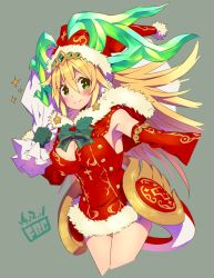 Rule 34 | &gt;:), 1girl, adapted costume, alternate eye color, armlet, artist name, bare shoulders, blonde hair, blush, bow, breasts, chain, christmas, cleavage, covered erect nipples, cropped legs, dated, detached sleeves, dress, earrings, fbc, fur trim, gloves, green bow, green eyes, green gloves, hat, highres, holding, holly, hood, horns, jewelry, large breasts, long hair, long sleeves, mistletoe, puzzle &amp; dragons, red dress, sack, sakuya (p&amp;d), santa costume, santa hat, short dress, simple background, smile, solo, sparkle, star (symbol), star earrings, tail, v-shaped eyebrows
