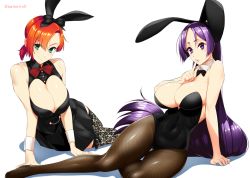 Rule 34 | 2girls, animal ears, boudica (fate), bow, bowtie, breasts, rabbit ears, cleavage, cleavage cutout, clothing cutout, commentary request, detached collar, fake animal ears, fate/grand order, fate (series), finger to mouth, fishnet legwear, fishnets, floral print, green eyes, hair bow, highres, large breasts, long hair, looking at viewer, mattari yufi, minamoto no raikou (fate), multiple girls, open mouth, pantyhose, playboy bunny, purple eyes, purple hair, red hair, shadow, short hair, short ponytail, sitting, smile, thighhighs, twitter username