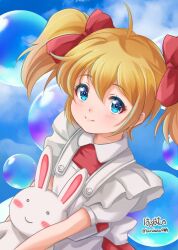 Rule 34 | 1girl, ahoge, alice (marchen maze), apron, blue background, blue eyes, bow, bubble, buttons, dress, frilled sleeves, frills, haruhata mutsuki, looking at viewer, marchen maze, rabbit, red bow, red dress, sky, smile, solo, twintails, twitter username