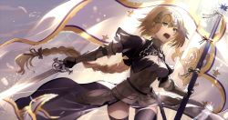 Rule 34 | 1girl, armor, armored dress, black thighhighs, blonde hair, blue sky, braid, braided ponytail, breasts, cloud, commentary request, day, dress, fate/grand order, fate (series), flag, gauntlets, grey eyes, hair between eyes, headphones, holding, holding flag, holding sword, holding weapon, jeanne d&#039;arc (fate), jeanne d&#039;arc (ruler) (fate), kito koruta, long hair, low ponytail, medium breasts, open mouth, outdoors, ponytail, purple dress, single braid, sky, solo, standard bearer, sword, thighhighs, very long hair, weapon, white flag