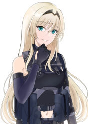 Rule 34 | 1girl, absurdres, ak-15 (girls&#039; frontline), ak-15 (girls&#039; frontline) (cosplay), alternate costume, ammunition pouch, an-94 (girls&#039; frontline), aqua eyes, arm up, black gloves, black hairband, blonde hair, breasts, cosplay, defy (girls&#039; frontline), elbow gloves, girls&#039; frontline, gloves, hairband, highres, long hair, looking at viewer, medium breasts, navel, open mouth, pouch, smile, solo, sorayan 03, tactical clothes, upper body, white background