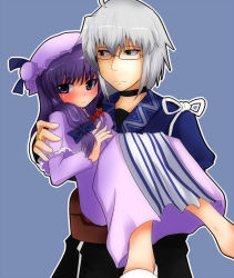 Rule 34 | 1boy, 1girl, ahoge, blush, bow, capelet, carrying, choker, dress, glasses, hair bow, hat, hetero, jewelry, long hair, long sleeves, morichika rinnosuke, patchouli knowledge, pouch, princess carry, purple dress, purple eyes, purple hair, ring, shishamoji, short hair, silver hair, touhou, yellow eyes