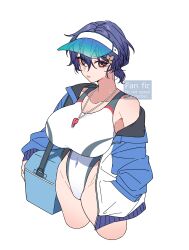Rule 34 | 1girl, absurdres, bag, blue hair, blush, breasts, brown eyes, competition swimsuit, cropped legs, dr. ratio (honkai: star rail), genderswap, genderswap (mtf), hair between eyes, hand in pocket, harochan, highleg, highleg swimsuit, highres, honkai: star rail, honkai (series), huge breasts, jacket, large breasts, long sleeves, looking at viewer, off shoulder, one-piece swimsuit, open clothes, open jacket, parted lips, short hair, simple background, solo, swimsuit, twitter username, visor cap, whistle, whistle around neck, white background