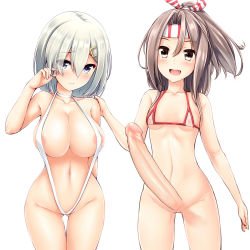 Rule 34 | 10s, 2girls, bikini, blue eyes, blush, breasts, cleavage, covered erect nipples, erection, flat chest, futanari, hair ornament, hairclip, hamakaze (kancolle), headband, kantai collection, large breasts, large penis, looking at viewer, micro bikini, multiple girls, navel, penis, personification, ponytail, short hair, silver hair, simple background, slingshot swimsuit, swimsuit, uni8, white background, zuihou (kancolle)
