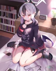 1girl, arm support, arm up, bangs, bare legs, bed, bedroom, between legs, black footwear, black hair, blue archive, blush, book, bookshelf, cd, cellphone, choker, clock, clothes writing, collarbone, commentary, earbuds, earphones, hair between eyes, highres, hood, hood down, hoodie, horns, indoors, kayoko (blue archive), long hair, long sleeves, looking at viewer, miniskirt, mole, mole on neck, multicolored hair, nose (oekaki1825), phone, piercing, plaid, plaid skirt, plant, ponytail, potted plant, red eyes, red skirt, rug, shelf, shirt grab, shoes, sitting, skirt, smartphone, solo, sunlight, thighs, two-tone hair, wariza, white hair, window, wooden floor