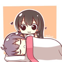 Rule 34 | 10s, 2girls, :3, agano (kancolle), bed sheet, blush stickers, covering with blanket, hand on another&#039;s head, heart, kantai collection, long hair, lying, multiple girls, on side, pillow, rexlent, sakawa (kancolle), short hair, sleeping