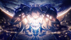 Rule 34 | 1girl, aqua hair, bare shoulders, blush, closed eyes, crystal, detached collar, detached sleeves, dress, energy, facing viewer, floating hair, fractal, hair ornament, hatsune miku, highres, horizon, lengchan (fu626878068), light particles, long hair, necktie, official art, planet, sidelocks, sky, sleeves past wrists, smile, snowflake print, solo, space, star (sky), starry sky, twintails, upper body, very long hair, vocaloid