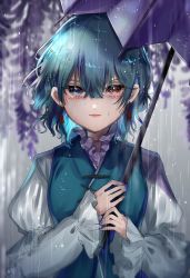 Rule 34 | 1girl, :|, blue eyes, blue hair, blue nails, blue vest, closed mouth, commentary, crying, crying with eyes open, earrings, fingernails, flower, frilled sleeves, frills, hair between eyes, heterochromia, highres, holding, holding umbrella, jewelry, lavender (flower), lipstick, long sleeves, looking at viewer, makeup, medium hair, nail polish, purple flower, rain, red eyes, shirt, solo, suzune hapinesu, tatara kogasa, tears, touhou, umbrella, upper body, v-shaped eyebrows, vest, white shirt