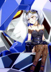 Rule 34 | 1girl, :d, bare shoulders, blush, choker, collarbone, commentary request, gaine, goggles, goggles on head, gothic lolita, highres, lolita fashion, mecha, nine (super robot wars), open mouth, robot, silver hair, sitting, smile, super robot wars, super robot wars v, thighhighs, twintails, yakisoba (kaz2113), yuusha series, yuusha tokkyuu might gaine