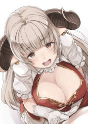 Rule 34 | 10s, 1girl, :d, alicia (granblue fantasy), all fours, armor, bed sheet, bikini, bikini armor, blunt bangs, blush, breasts, brown eyes, cleavage, cleavage cutout, clothing cutout, cross, cross earrings, downblouse, draph, dutch angle, earrings, elbow gloves, eyebrows, frilled sleeves, frills, gloves, granblue fantasy, horns, jewelry, kawaty, large breasts, long hair, looking at viewer, looking up, open mouth, pointy ears, pov, puffy short sleeves, puffy sleeves, red bikini, short sleeves, smile, solo, swimsuit, white gloves, white hair