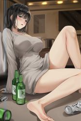 Rule 34 | 1girl, absurdres, bare legs, barefoot, beer can, black eyes, black hair, bottle, bottomless, breasts, can, drink can, feet, foot out of frame, grey shirt, highres, indoors, knee up, korean commentary, large breasts, light particles, lillly, long sleeves, on floor, open mouth, original, shirt, short hair, sitting, sleeves past wrists, solo, sweater, thighs, toes