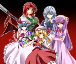 Rule 34 | 5girls, apron, bat wings, blonde hair, blue eyes, blue hair, braid, grabbing another&#039;s breast, crescent, crossed arms, dress, flandre scarlet, flat chest, grabbing, hat, hat ribbon, height difference, highres, hong meiling, izayoi sakuya, long dress, long hair, maid headdress, messy hair, mob cap, multiple girls, no headwear, patchouli knowledge, polearm, purple eyes, purple hair, red eyes, red hair, remilia scarlet, ribbon, short hair, side ponytail, silver hair, spear, touhou, twin braids, waist apron, weapon, wings, yagami (mukage)