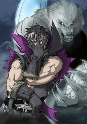 Rule 34 | 1boy, belt, black gloves, black hair, claws, covering face, fur trim, gloves, hand on own face, jojo no kimyou na bouken, looking at viewer, multicolored hair, muscular, nigtouab, open clothes, parody, silver hair, soul calibur, soulcalibur v, teeth, vest, wolf, zwei (soulcalibur)