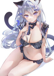 1girl animal_ears bare_arms bare_shoulders bikini black_bikini black_choker breasts cat_ears cat_girl cat_tail choker cleavage closed_mouth covered_navel extra_ears frilled_bikini frills hair_ornament hairclip hand_up highres large_breasts long_hair looking_at_viewer myoushun navel original purple_eyes ribbon_choker sitting solo stomach striped_bikini striped_clothes swimsuit tail thighs underboob very_long_hair white_hair x_hair_ornament