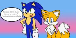 Rule 34 | 2boys, blue eyes, blue fur, commentary, english commentary, english text, fidgeting, furry, furry male, gloves, green eyes, hyrulepirate, male focus, multiple boys, multiple tails, open mouth, orange fur, sonic (series), sonic dream team, sonic the hedgehog, speech bubble, tail, tails (sonic), two tails, white gloves