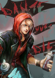 Rule 34 | 1boy, akumey, blue eyes, devil bringer, devil may cry (series), devil may cry 4, hood, hoodie, male focus, nero (devil may cry), solo, spray can, white hair