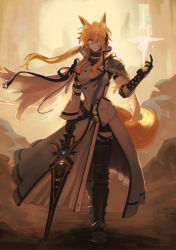 Rule 34 | 1girl, animal ears, arknights, armored boots, black gloves, blonde hair, boots, coat, floating hair, full body, gloves, hair over one eye, headset, highres, holding, holding sword, holding weapon, horse ears, horse girl, horse tail, implied extra ears, long sleeves, looking at viewer, nearl (arknights), nearl the radiant knight (arknights), official alternate costume, one eye covered, ponytail, sidelocks, solo, standing, sword, tail, v-shaped eyebrows, vento, weapon, white coat