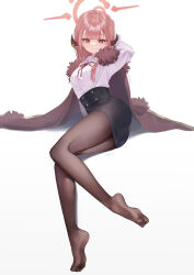 Rule 34 | 1girl, artist name, aru (blue archive), black skirt, blue archive, blush, brown horns, brown pantyhose, collared shirt, demon horns, full body, halo, highres, horns, long hair, long sleeves, neck ribbon, pantyhose, pencil skirt, pink hair, red halo, red ribbon, ribbon, rryiup, shirt, signature, simple background, skirt, smile, solo, twisted torso, white background, white shirt, yellow eyes