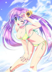 Rule 34 | 1girl, anklet, bad id, bad pixiv id, bikini, day, flower, green eyes, hair flower, hair ornament, jewelry, long hair, one eye closed, original, purple hair, smile, solo, sunflower, swimsuit, sys.ao, twintails, very long hair, wink, yuyi