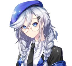 Rule 34 | 1girl, armband, beret, blue eyes, braid, expressionless, girls&#039; frontline, glasses, gwingwin, hair ornament, hairclip, hat, long hair, looking at viewer, low twintails, necktie, sier (girls&#039; frontline), silver hair, simple background, twintails