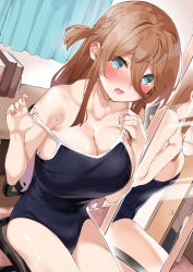 Rule 34 | 1girl, aqua eyes, bare shoulders, bedroom, blush, book, braid, breasts, brown hair, caught, chair, cleavage, collarbone, competition school swimsuit, curtains, door, eyes visible through hair, hair between eyes, indoors, large breasts, light blue eyes, long hair, lower teeth only, mamedenkyuu (berun), mirror, mole, mole under eye, mole under mouth, multicolored eyes, open door, open mouth, original, reflection, school swimsuit, shiny skin, sitting, solo, surprised, swimsuit, teeth, tongue